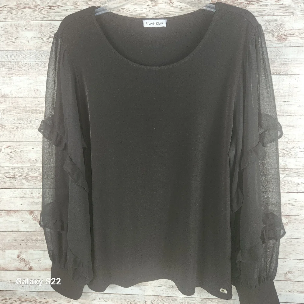Calvin Klein, Women's Black Tunic Top With Sheer Ballon Long Sleeves and Cuffs. - Picture 3 of 11
